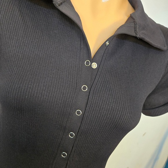 OQQ Black Ribbed Knit Polo Dress Short Sleeve Bodycon Snap Mini Casual Women Lrg - Picture 2 of 8